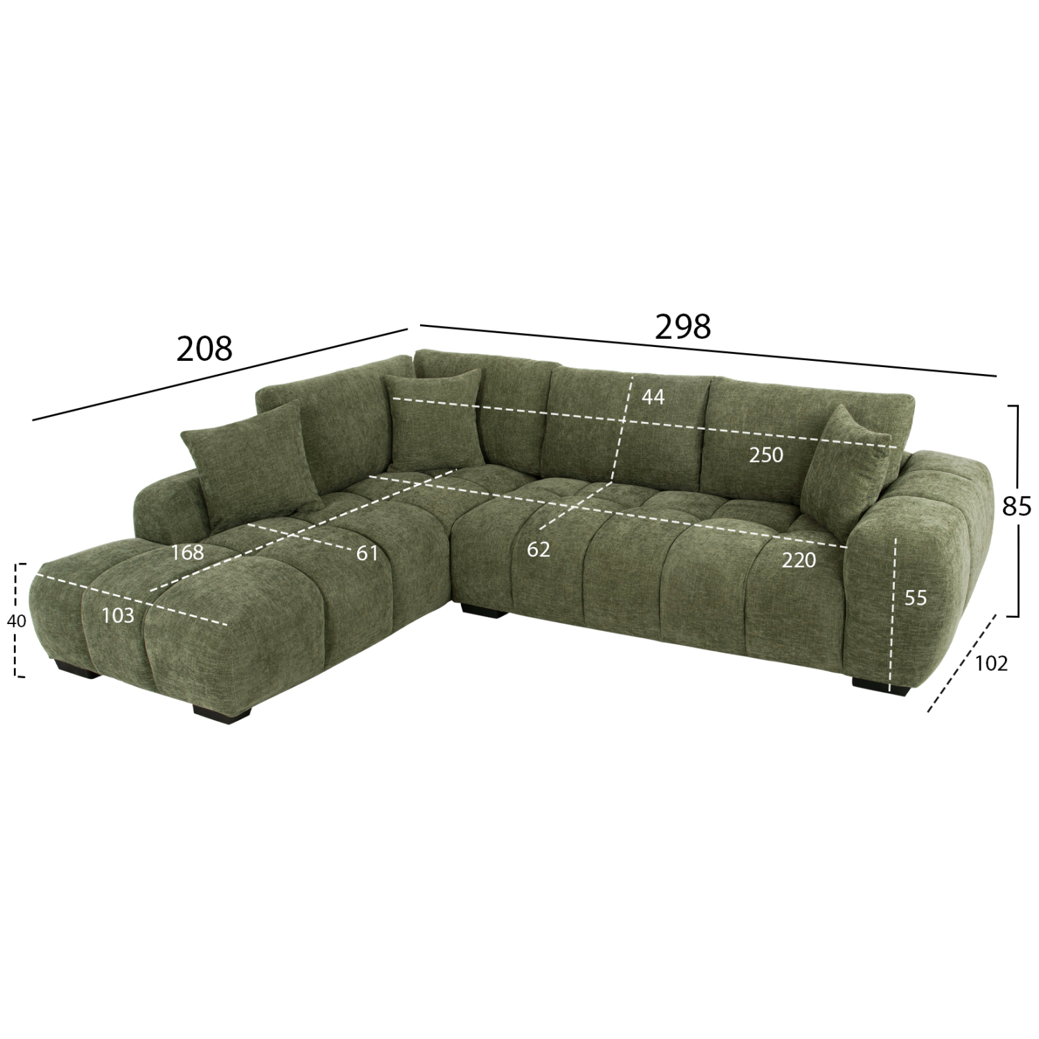 ΚΑΝΑΠΕΣ ΓΩΝΙΑ (ΑΡΙΣΤΕΡΗ) COVEN HM3266.14L ΠΡΑΣΙΝΟ ΥΦΑΣΜΑ 298x102-208x85Υεκ. 2