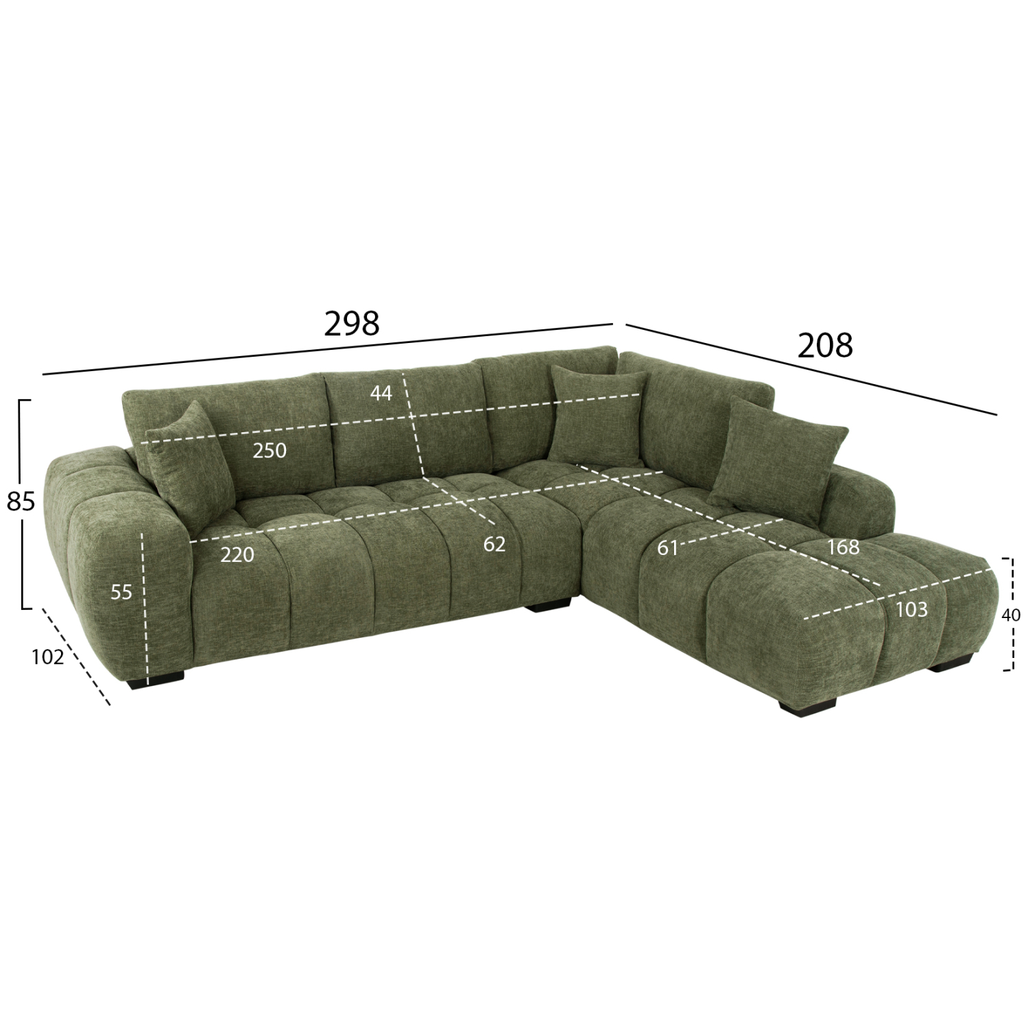 ΚΑΝΑΠΕΣ ΓΩΝΙΑ (ΔΕΞΙΑ) COVEN HM3266.14R ΠΡΑΣΙΝΟ ΥΦΑΣΜΑ 298x102-208x85Υεκ. 2