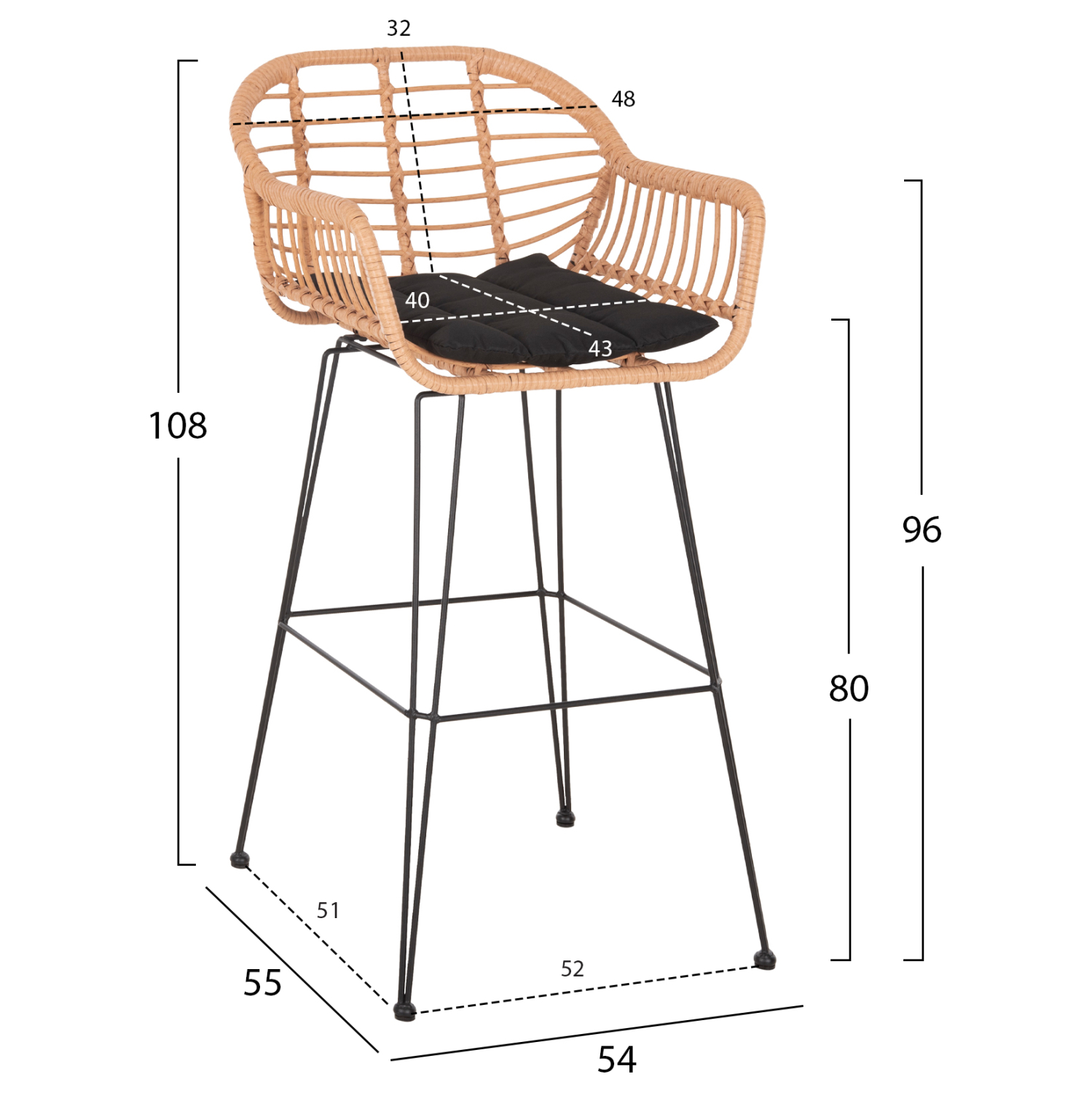 ΣΚΑΜΠΟ ΜΠΑΡ ΨΗΛΟ ALLEGRA HM5640.11 ΜΠΕΖ P.E. RATTAN-ΜΑΥΡΟ ΜΕΤΑΛΛΟ 54x55x108Υεκ. 2