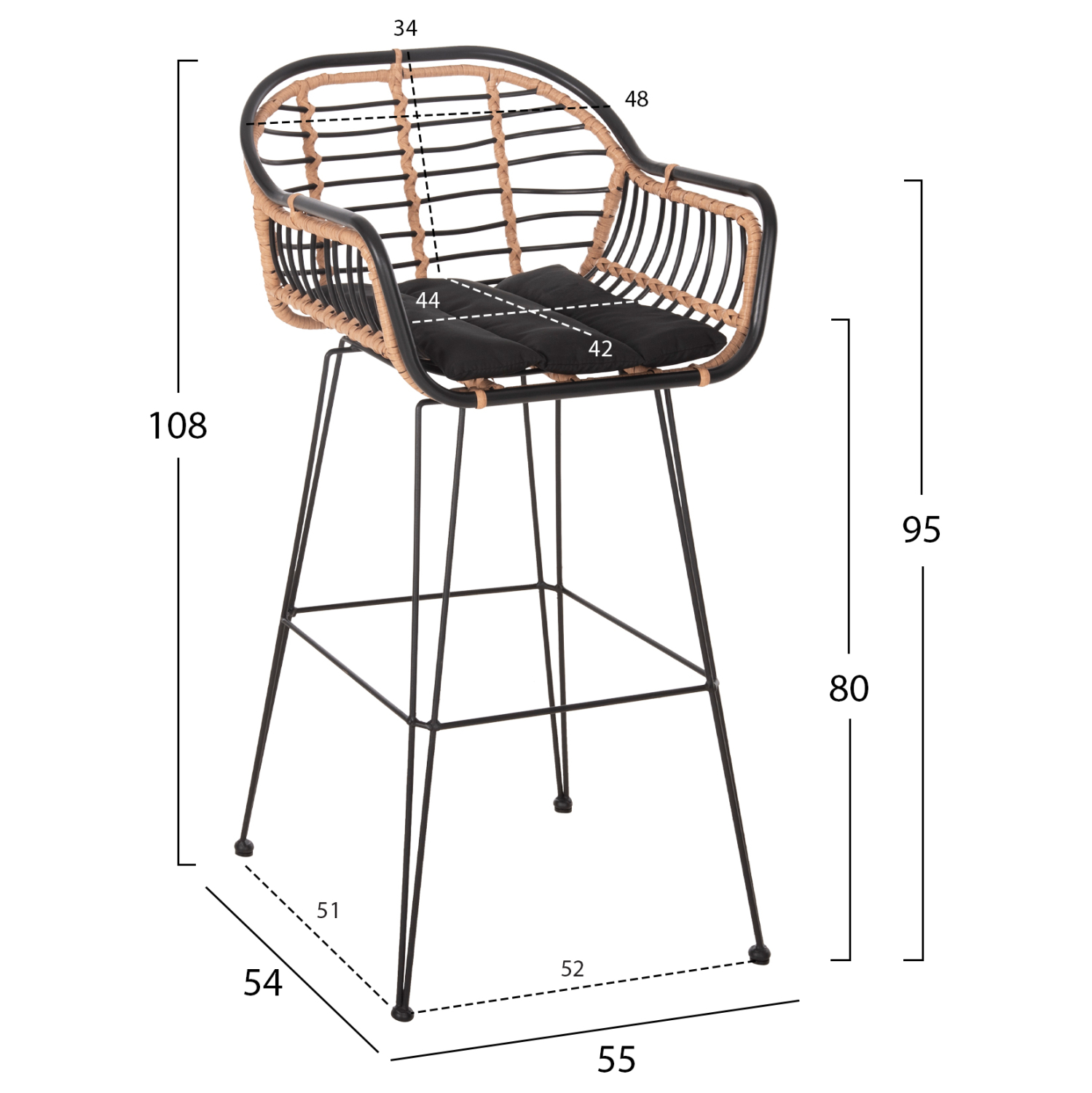 ΣΚΑΜΠΟ ΜΠΑΡ ALLEGRA HM5690.11 ΜΕΤΑΛΛΟ&amp;ΜΑΞΙΛΑΡΙ ΜΑΥΡΟ-WICKER ΜΠΕΖ 55x54x108Υεκ. 2