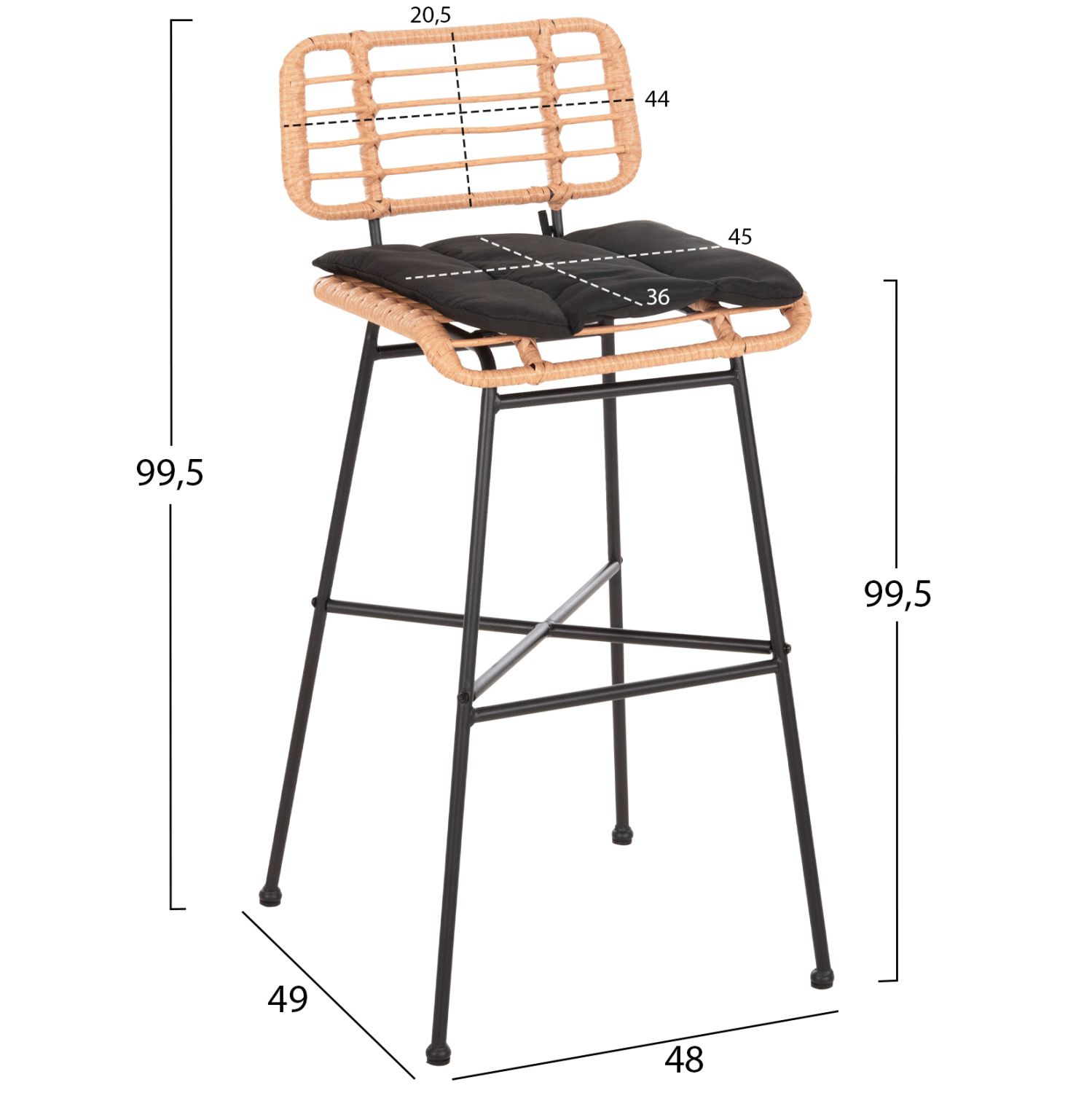 ΣΚΑΜΠΟ ΜΠΑΡ ΨΗΛΟ ALLEGRA HM5708.11 ΜΕΤΑΛΛΟ&amp;ΜΑΞΙΛΑΡΙ ΜΑΥΡΟ-WICKER ΜΠΕΖ 48x49x99,5Υεκ. 2