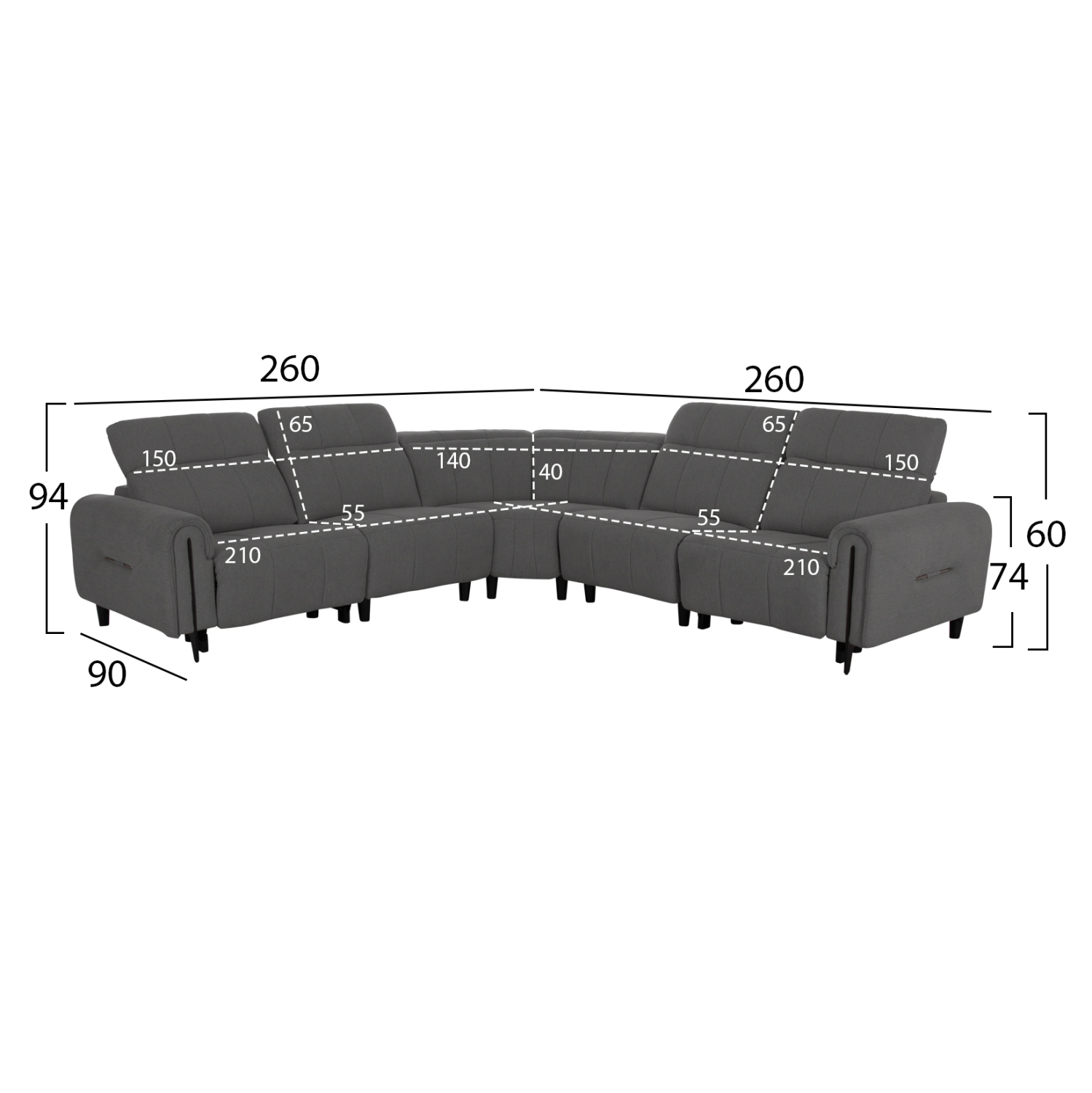 ΓΩΝΙΑΚΟΣ ΚΑΝΑΠΕΣ ΜΕ RECLINE ORACLE HM3290.01 ΓΚΡΙ ΥΦΑΣΜΑ 260x260x90(κάθισμα)x94Υεκ. 2