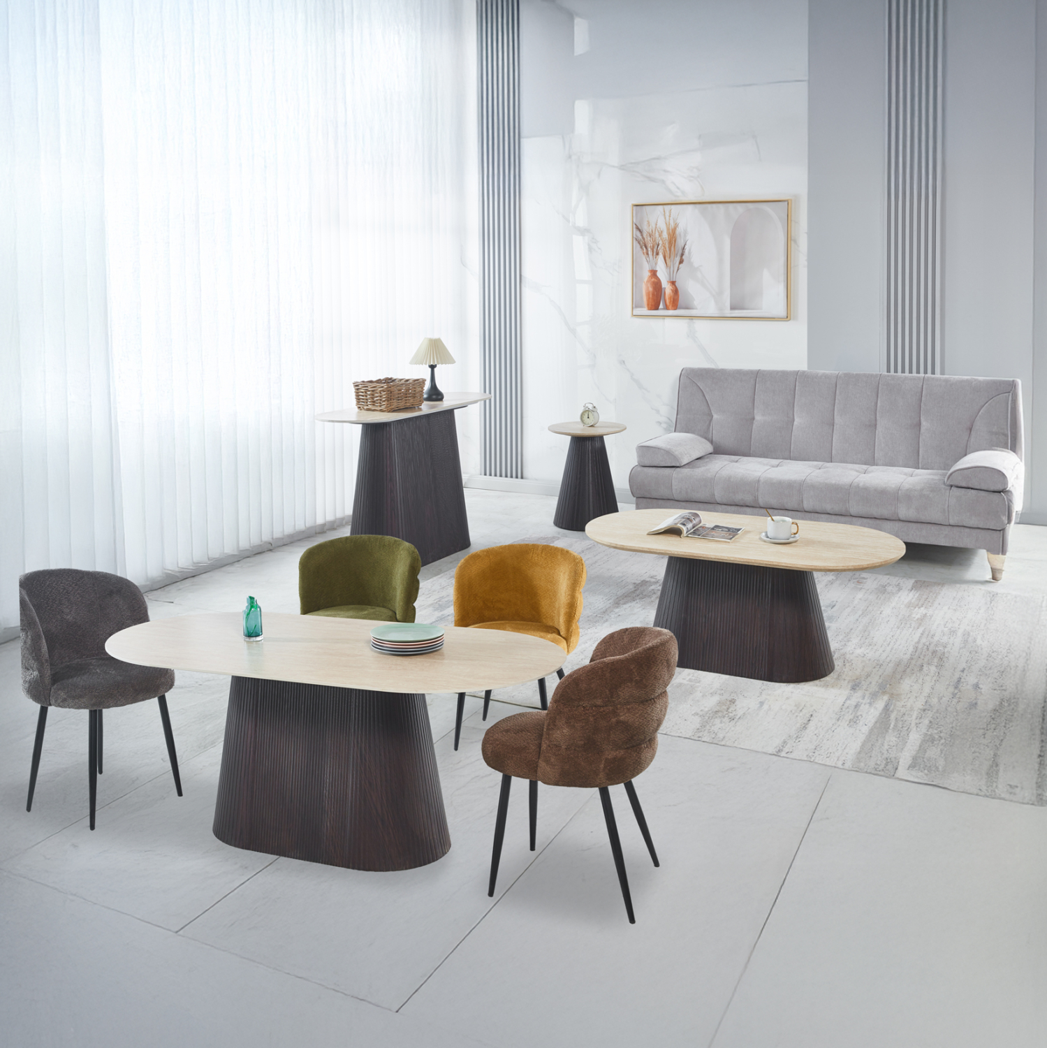 ΣΕΤ 3 ΤΡΑΠΕΖΙΑ &amp; 1 ΚΟΝΣΟΛΑ CATER HM21261 ΚΕΡΑΜΙΚΟ TOP ΟΨΗ ΤΡΑΒΕΡΤΙΝΑΣ-MDF ΒΑΣΗ ΚΑΦΕ 1