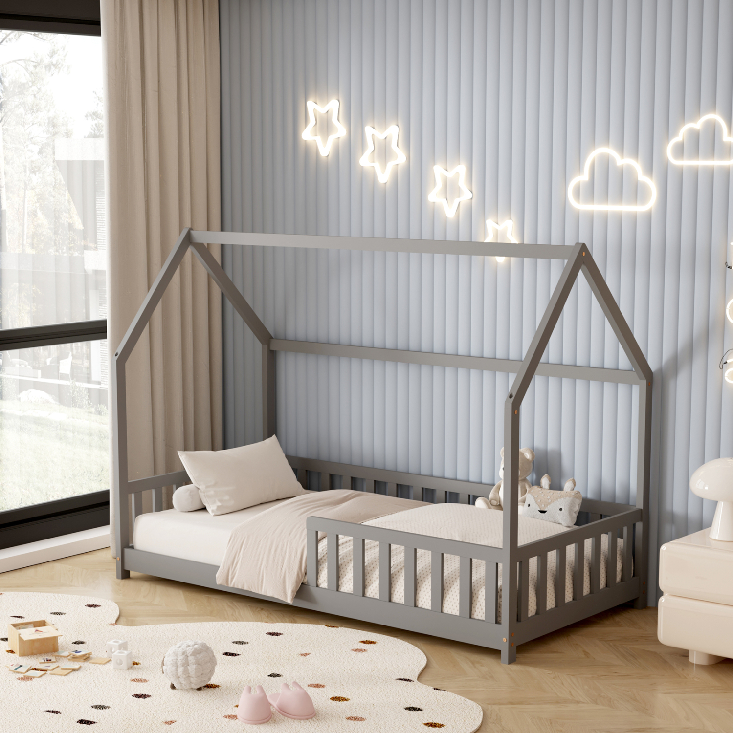 ΚΡΕΒΑΤΙ ΠΑΙΔΙΚΟ ΜΕ ΣΤΡΩΜΑ PHYLLIS HM21304.02 ΞΥΛΟ ΠΕΥΚΟΥ ΣΕ ΓΚΡΙ--ΣΤΡΩΜΑ 90x190εκ 2