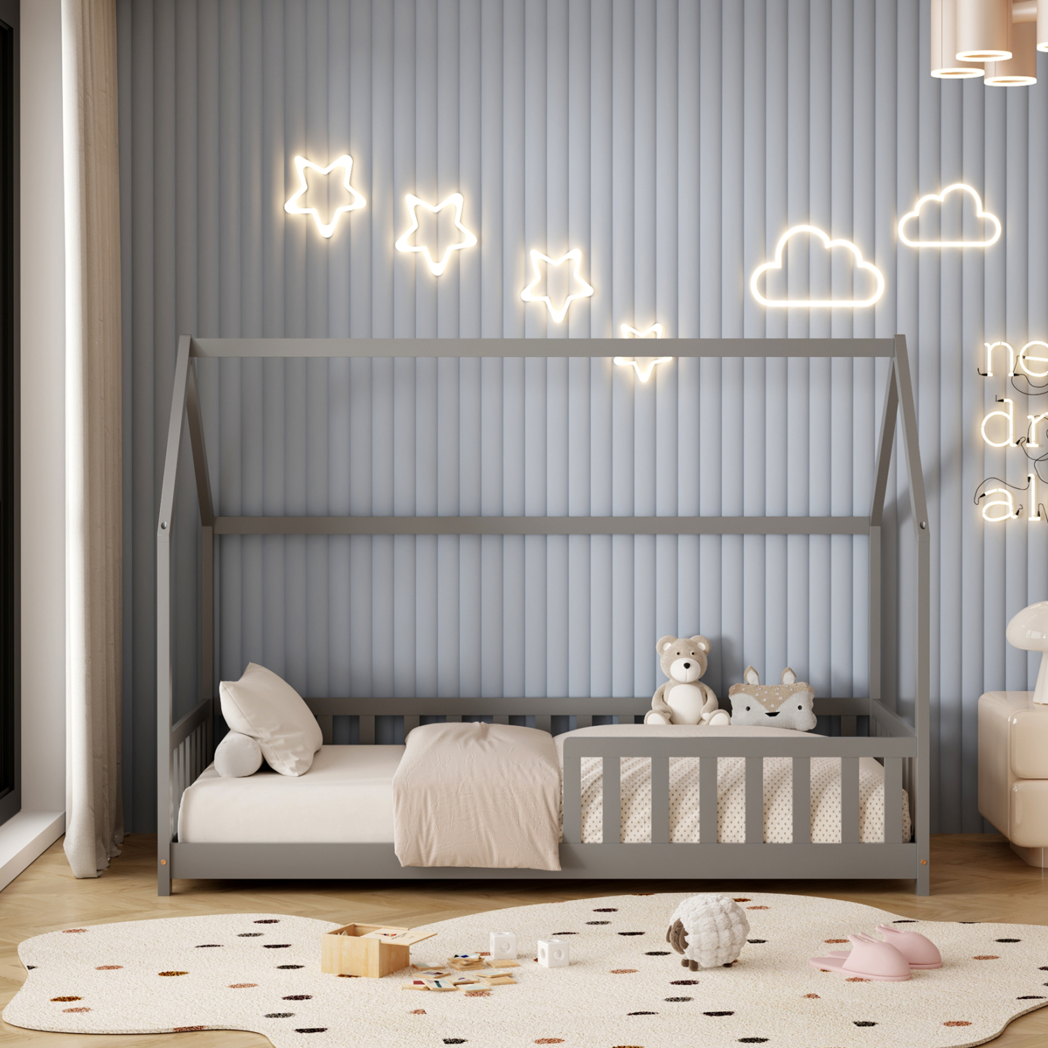 ΚΡΕΒΑΤΙ ΠΑΙΔΙΚΟ ΜΕ ΣΤΡΩΜΑ PHYLLIS HM21304.02 ΞΥΛΟ ΠΕΥΚΟΥ ΣΕ ΓΚΡΙ--ΣΤΡΩΜΑ 90x190εκ 5