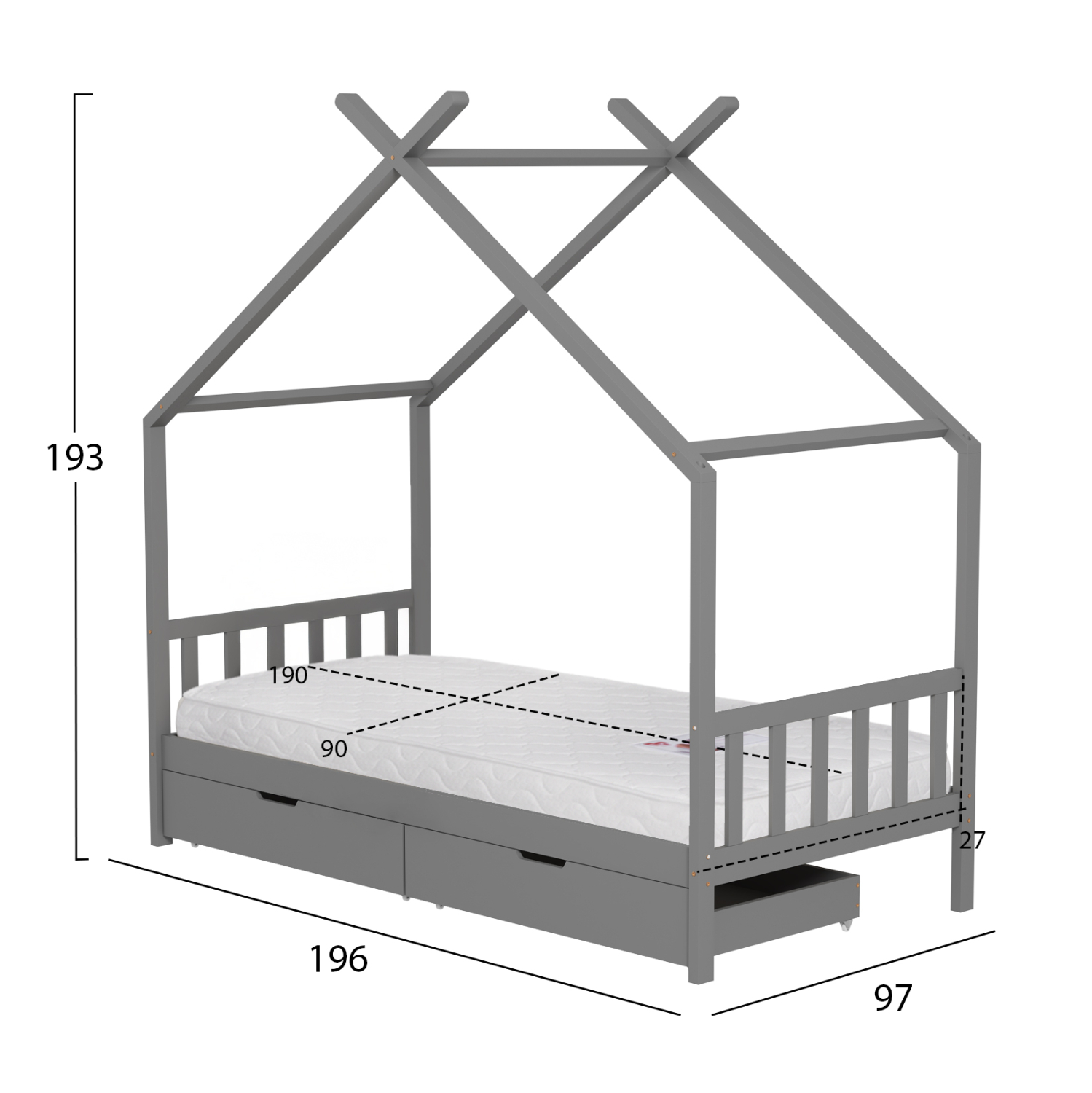 ΚΡΕΒΑΤΙ ΠΑΙΔΙΚΟ ΜΕ ΣΤΡΩΜΑ KLARICE HM21305.02 ΞΥΛΟ ΠΕΥΚΟΥ ΣΕ ΓΚΡΙ--ΣΤΡΩΜΑ 90x190εκ 3