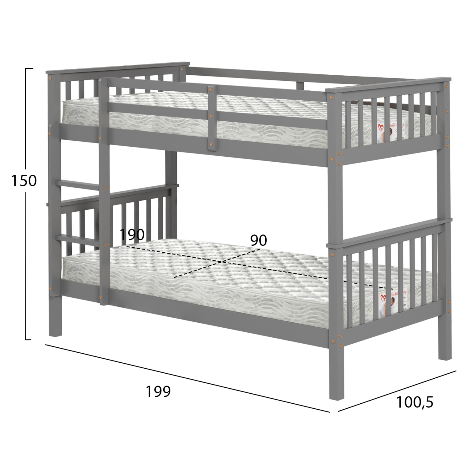 ΚΟΥΚΕΤΑ ΠΑΙΔΙΚΗ ΜΕ 2 ΣΤΡΩΜΑΤΑ LANTAI HM21307.02 ΞΥΛΟ ΠΕΥΚΟΥ ΓΚΡΙ--ΣΤΡΩΜΑΤΑ 90x190εκ 3