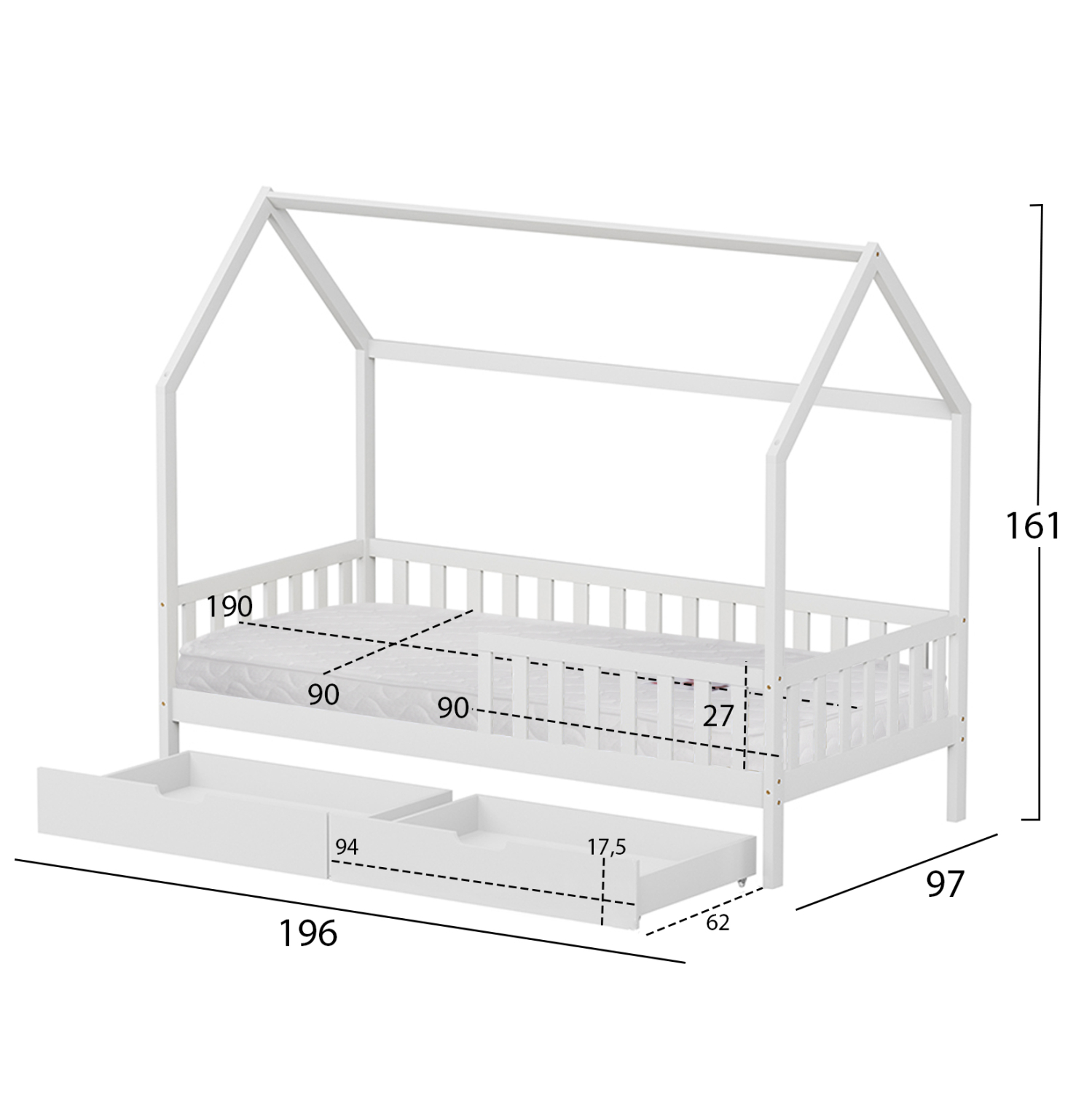 ΚΡΕΒΑΤΙ ΠΑΙΔΙΚΟ ΜΕ ΣΥΡΤΑΡΙΑ PHYLLIS HM21324.01 ΞΥΛΟ ΠΕΥΚΟΥ ΛΕΥΚΟ--ΜΕ ΣΤΡΩΜΑ 90x190εκ 3