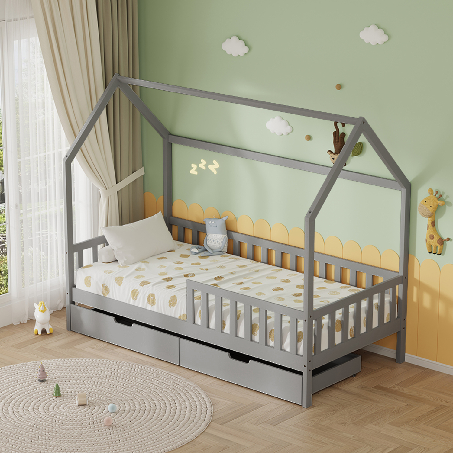 ΚΡΕΒΑΤΙ ΠΑΙΔΙΚΟ ΜΕ ΣΥΡΤΑΡΙΑ PHYLLIS HM21324.02 ΞΥΛΟ ΠΕΥΚΟΥ ΓΚΡΙ--ΜΕ ΣΤΡΩΜΑ 90x190εκ 2