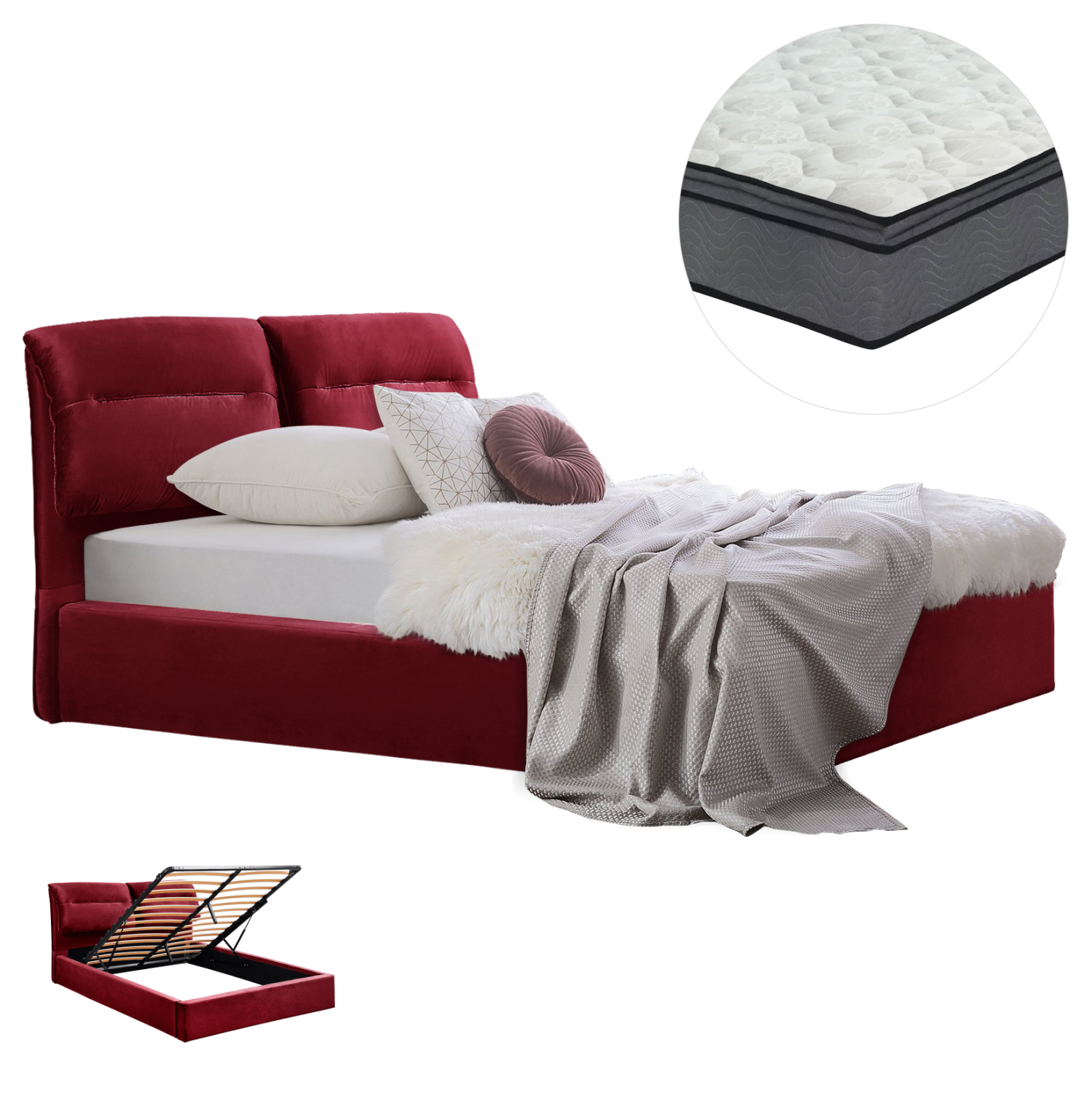 ΚΡΕΒΑΤΙ ΔΙΠΛΟ &amp; ΣΤΡΩΜΑ KENDRA HM10720.06 ΚΟΚΚΙΝΟ ΒΟΥΡΓΟΥΝΔΙΑΣ ΒΕΛΟΥΔΟ--ΑΠΟΘ.ΧΩΡΟΣ--160x200εκ 1