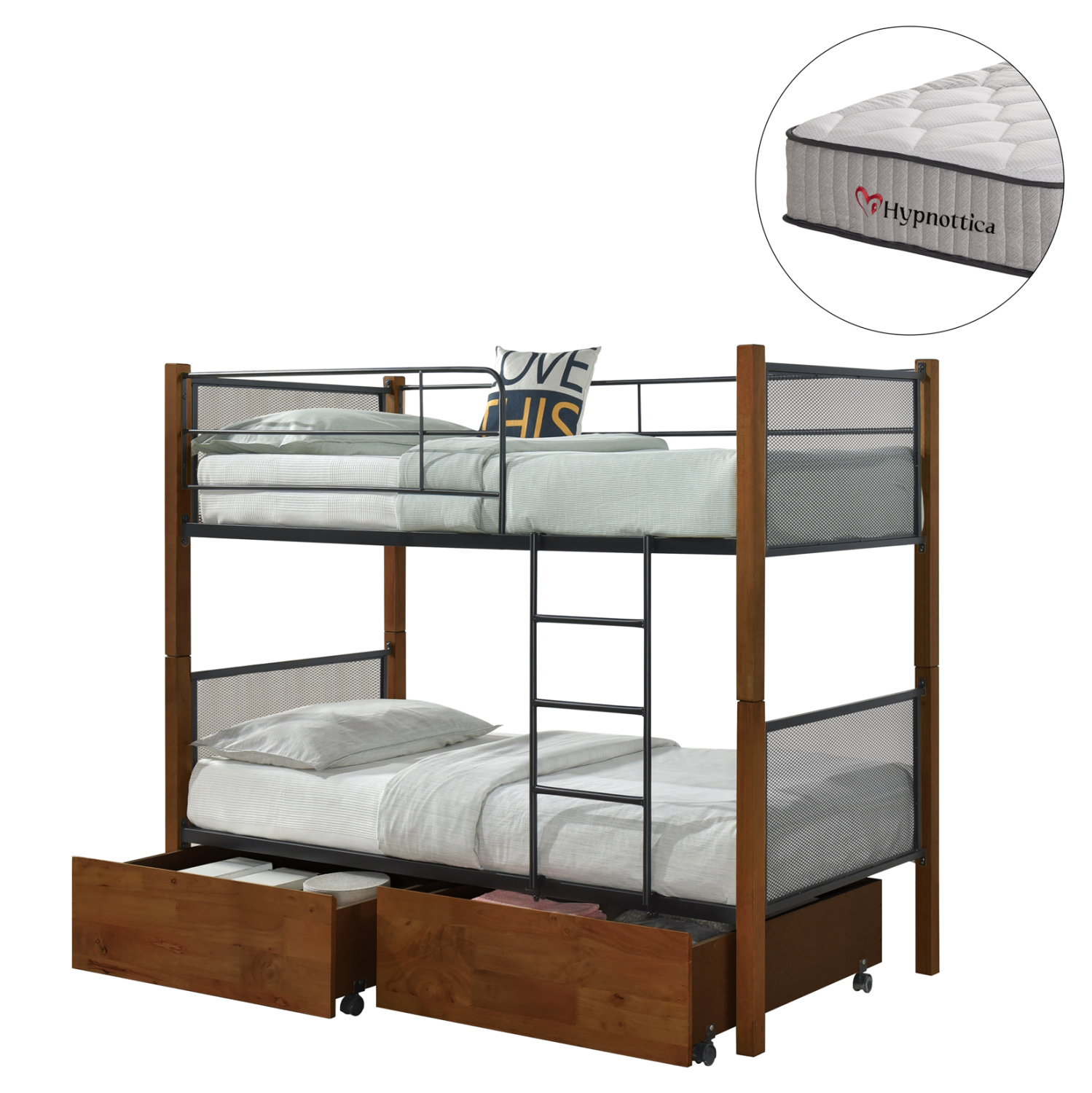 ΚΟΥΚΕΤΑ ΜΕ 2 ΣΥΡΤΑΡΙΑ &amp; 2 ΣΤΡΩΜΑΤΑ 90X190εκ RAYVEN HM10749.05 ΞΥΛΟ ΚΑΡΥΔΙ ΚΑΙ ΜΕΤΑΛΛΟ 1