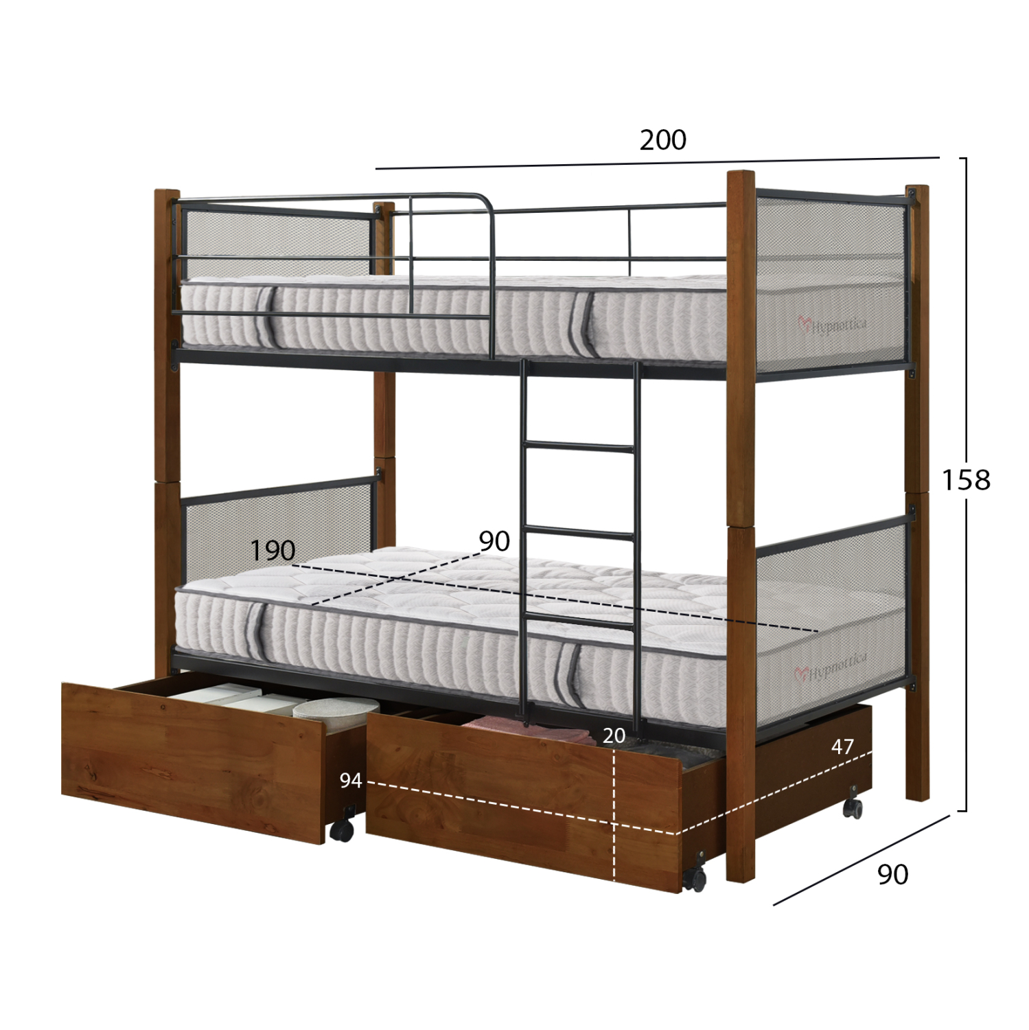 ΚΟΥΚΕΤΑ ΜΕ 2 ΣΥΡΤΑΡΙΑ &amp; 2 ΣΤΡΩΜΑΤΑ 90X190εκ RAYVEN HM10749.05 ΞΥΛΟ ΚΑΡΥΔΙ ΚΑΙ ΜΕΤΑΛΛΟ 3