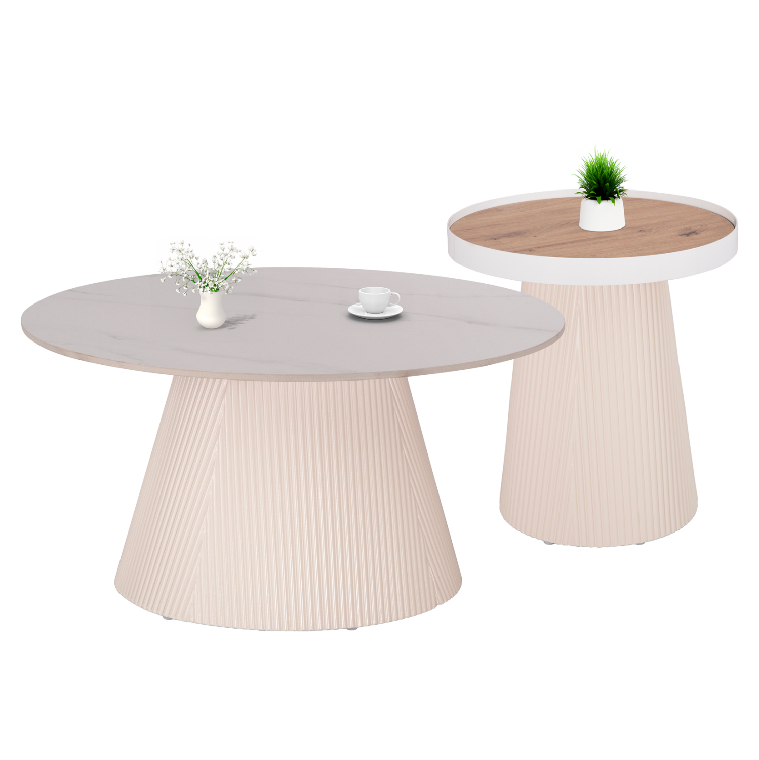 ΣΕΤ 2ΤΜΧ ΤΡΑΠΕΖΙΑ ΣΑΛΟΝΙΟΥ DUNCAN HM21082 MDF ΚΡΕΜ ΚΑΙ ΚΕΡΑΜΙΚΟ TOP Φ80εκ &amp; Φ45εκ 1