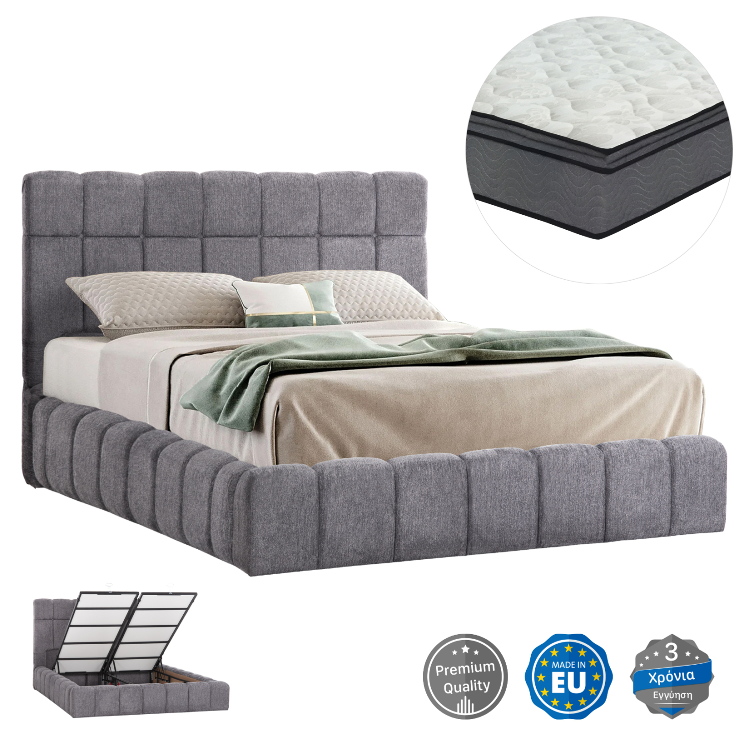 ΚΡΕΒΑΤΙ ΔΙΠΛΟ ΜΕ ΣΤΡΩΜΑ &amp; ΑΠΟΘ.ΧΩΡΟ RAMON HM21168 ΓΚΡΙ ΜΠΟΥΚΛΕ--ΓΙΑ 160x200εκ 1