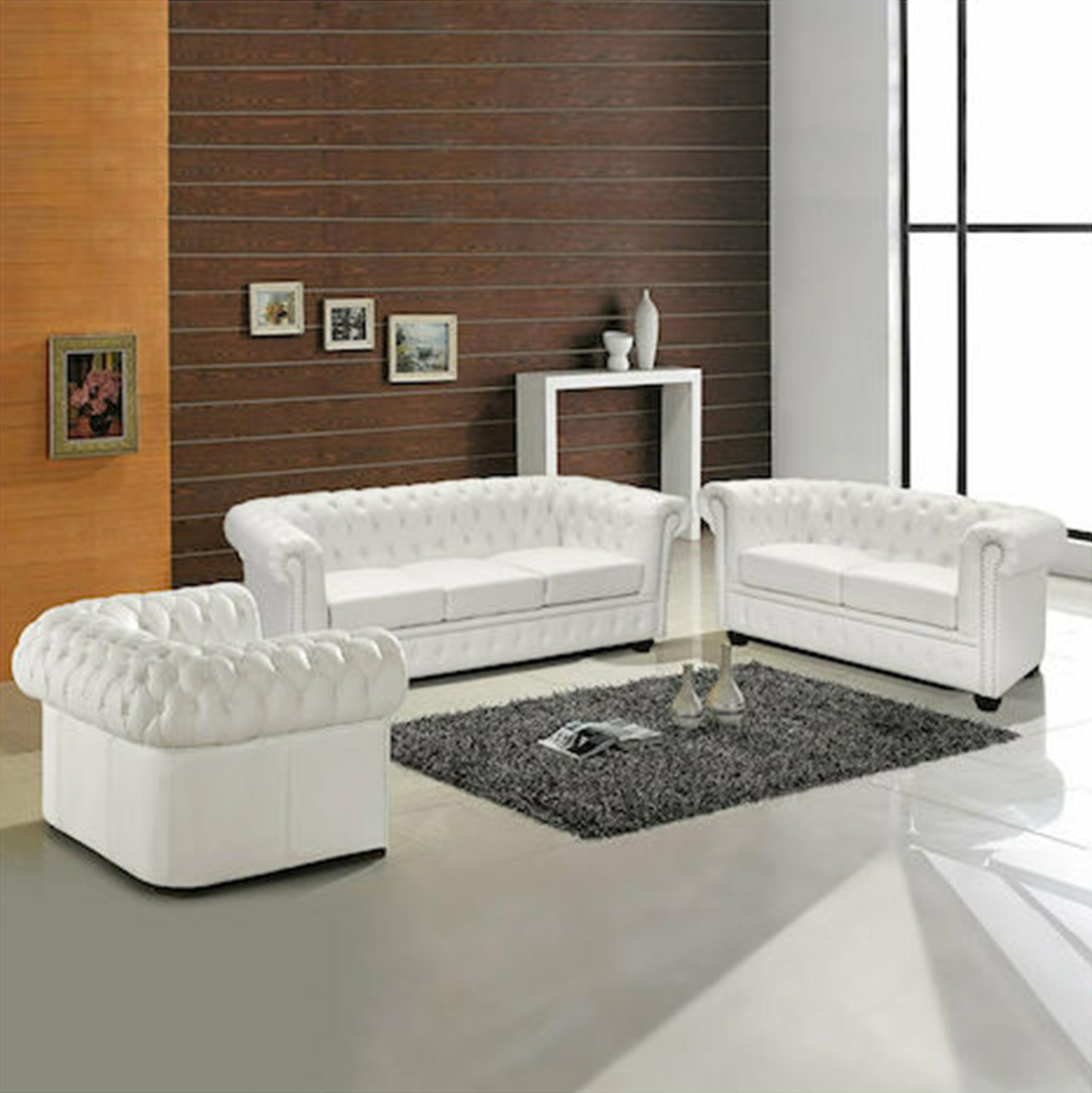 ΣΕΤ ΣΑΛΟΝΙ 2/ΘΕΣΙΟ &amp; 3/ΘΕΣΙΟ &amp; ΠΟΛΥΘΡΟΝΑ CHESTERFIELD ΛΕΥΚΟ ΜΑΤ 1