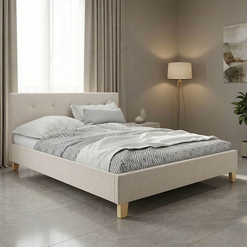 Κρεβάτι Mago pakoworld ύφασμα σε εκρού απόχρωση με φυσικό ξύλινο πόδι 140x200εκ 1