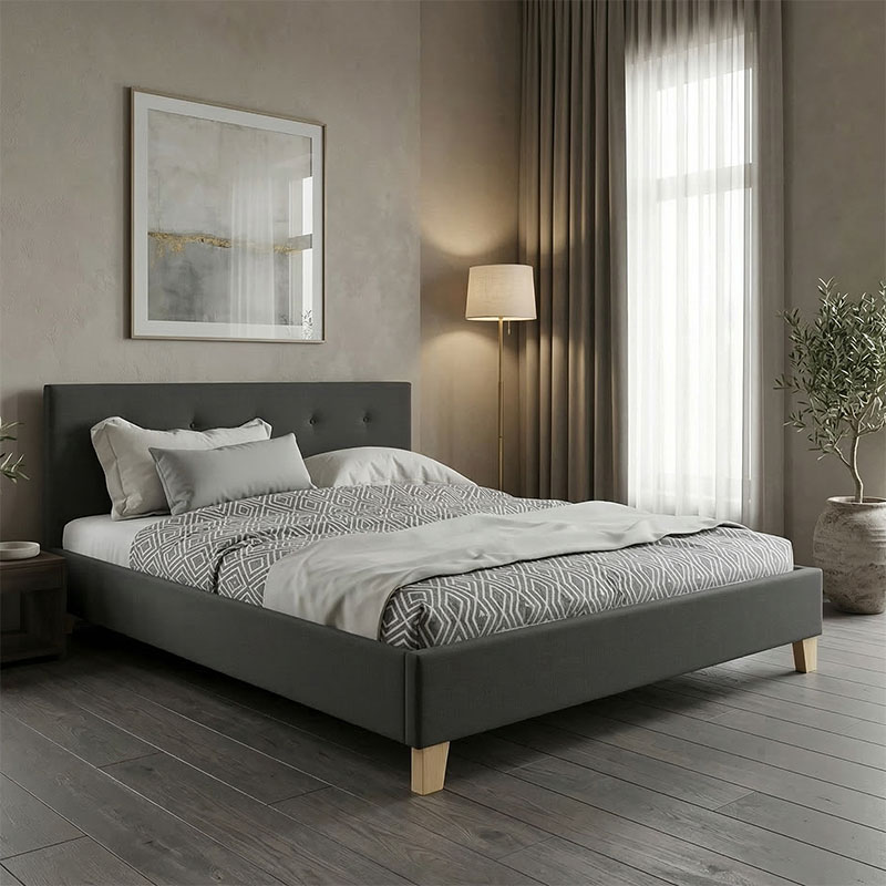 Κρεβάτι Mago pakoworld ύφασμα σε ανθρακί απόχρωση με φυσικό ξύλινο πόδι 140x200εκ 1