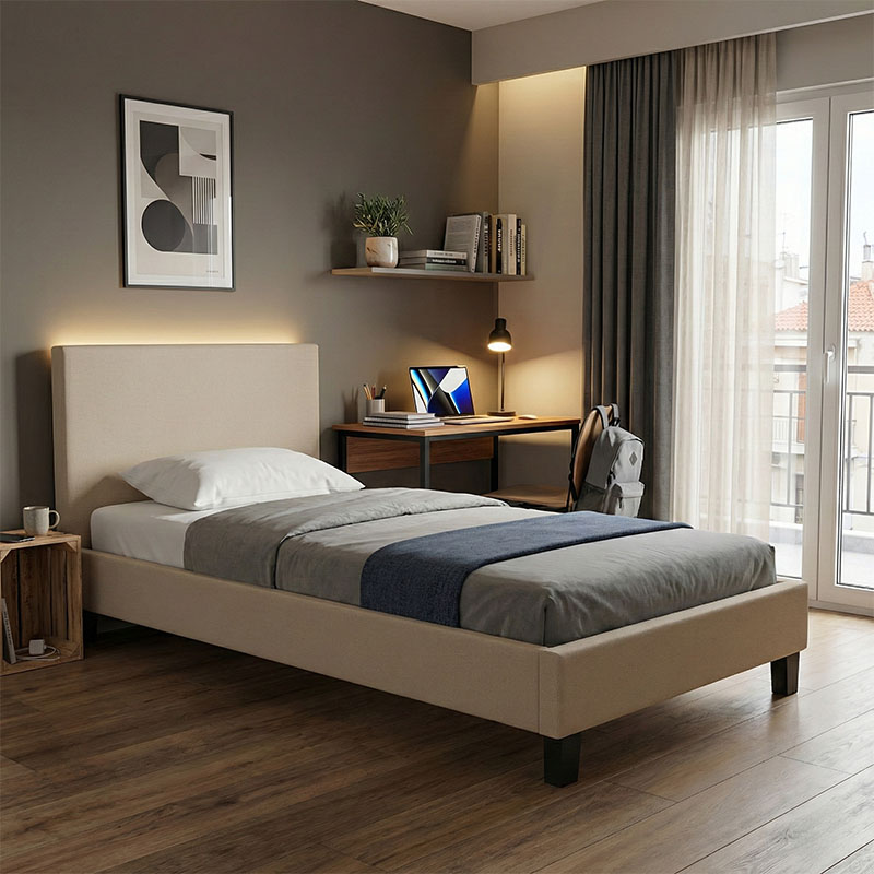 Κρεβάτι Nevil pakoworld ύφασμα εκρού με ξύλινο μαύρο πόδι 90x190εκ 1