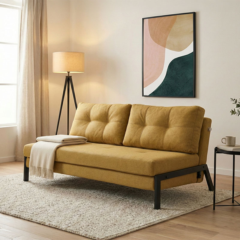 Καναπές 2θέσιος-κρεβάτι Fancy pakoworld ύφασμα σε κίτρινη απόχρωση με μαύρο πόδι 150x92x77εκ 1