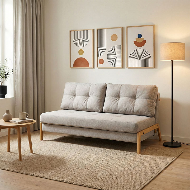 Καναπές 2θέσιος-κρεβάτι Fancy pakoworld ύφασμα σε μπεζ απόχρωση με φυσικό πόδι 150x92x77εκ 1