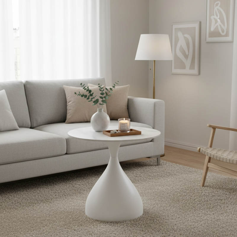 Βοηθητικό τραπέζι Kirkene Inart sintered stone σε απόχρωση λευκό μαρμάρου με λευκό μέταλλο Φ50x50εκ 1