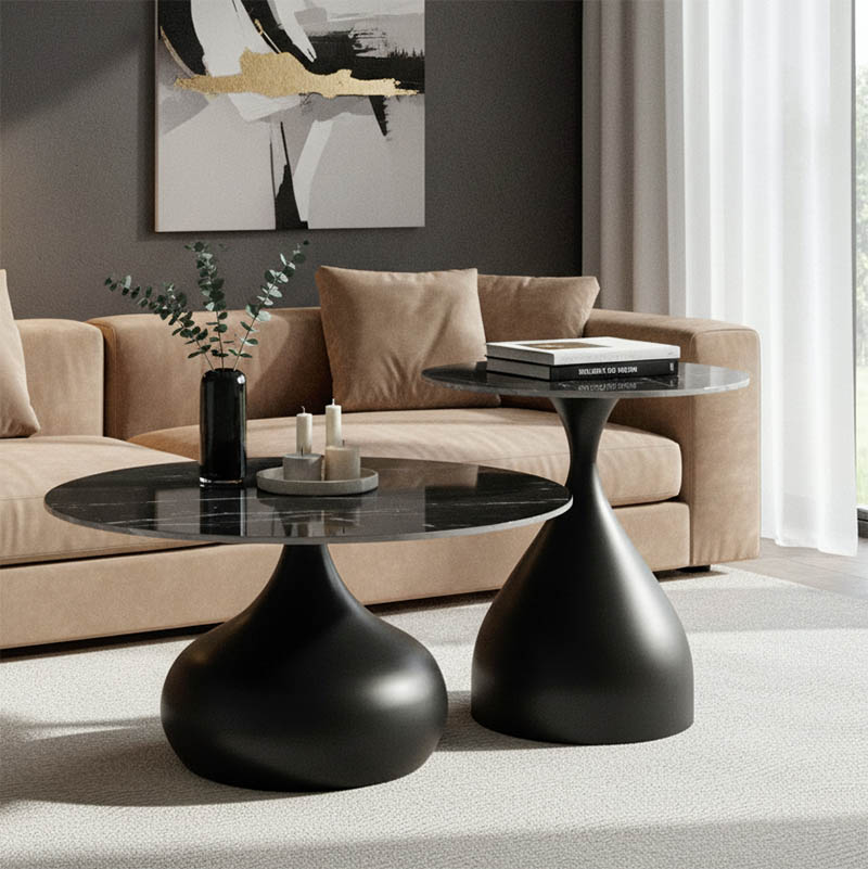 Βοηθητικά τραπέζια Kirkene Inart sintered stone σε απόχρωση μαύρο μαρμάρου με μαύρο μέταλλο 2τεμ 1