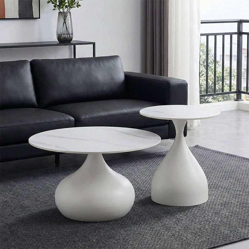 Βοηθητικά τραπέζια Kirkene Inart sintered stone σε απόχρωση λευκό μαρμάρου με λευκό μέταλλο 2τεμ 1