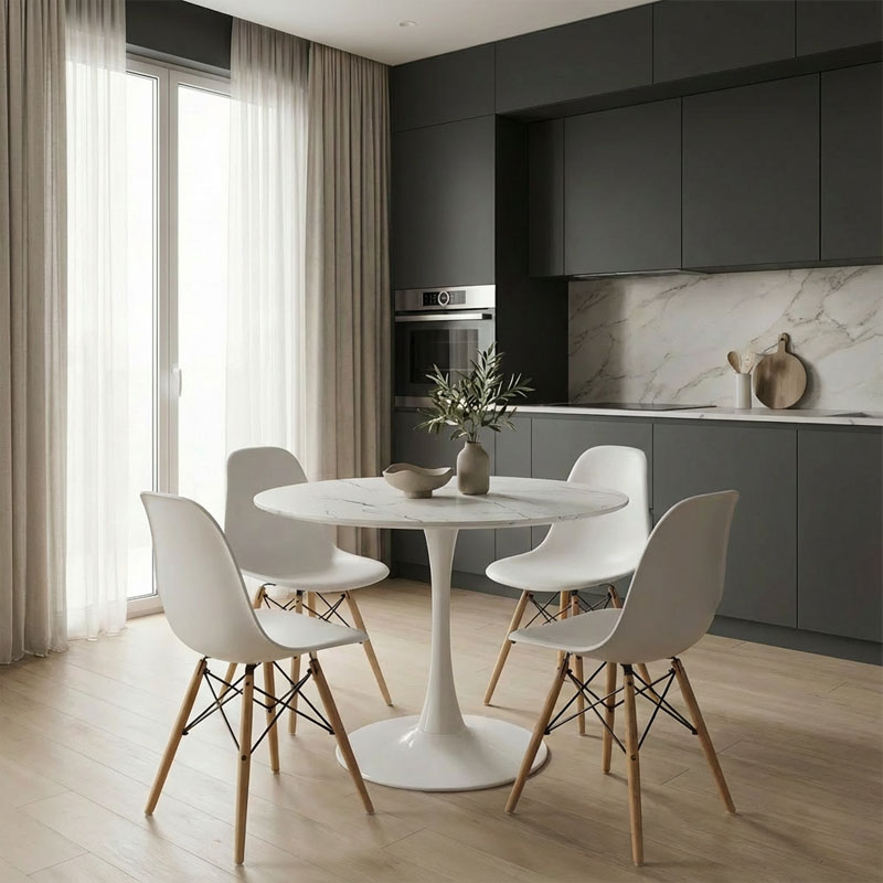 Tραπέζι Balou pakoworld mdf σε λευκή απόχρωση με όψη μαρμάρου Φ80x73εκ 2