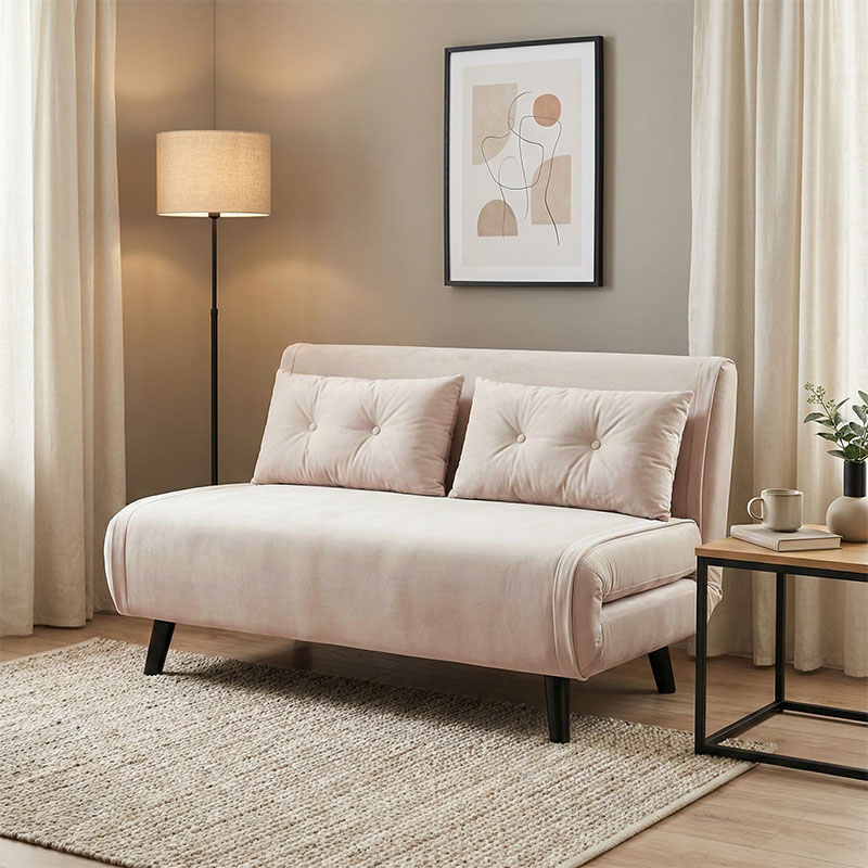 Καναπές-κρεβάτι Josuane pakoworld διθέσιος κρεμ βελούδο και ξύλινο πόδι σε μαύρη απόχρωση 122x80x81εκ 1