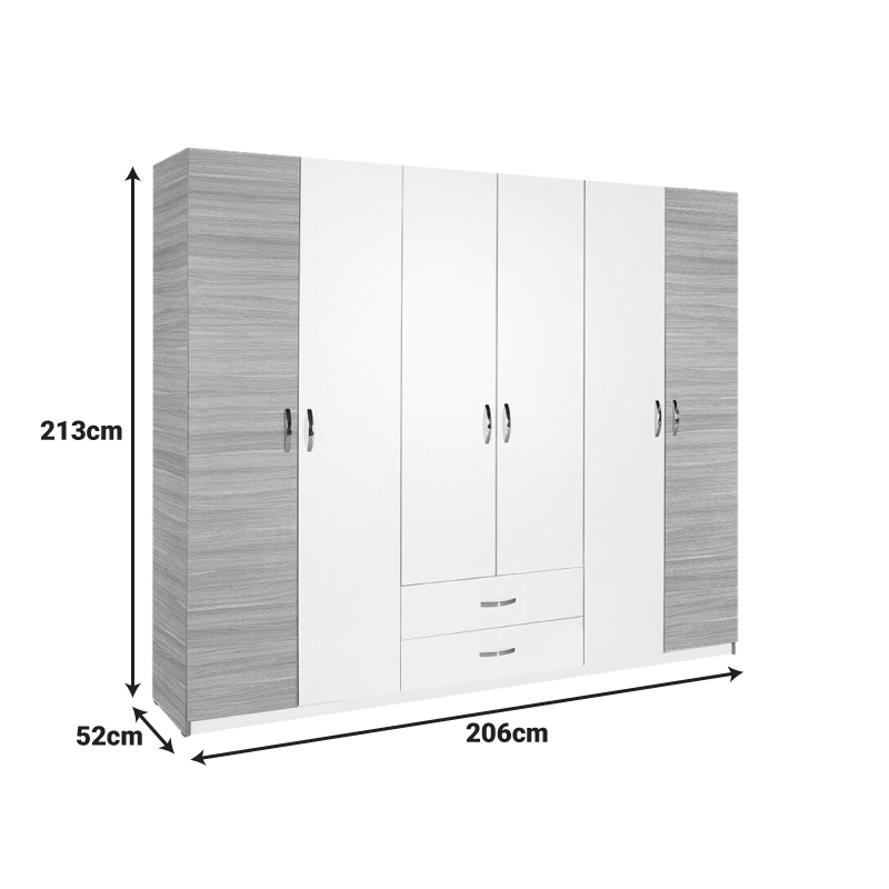 Ντουλάπα ρούχων Dormie pakoworld εξάφυλλη με συρτάρια σε λευκή απόχρωση 206x52x213εκ 6