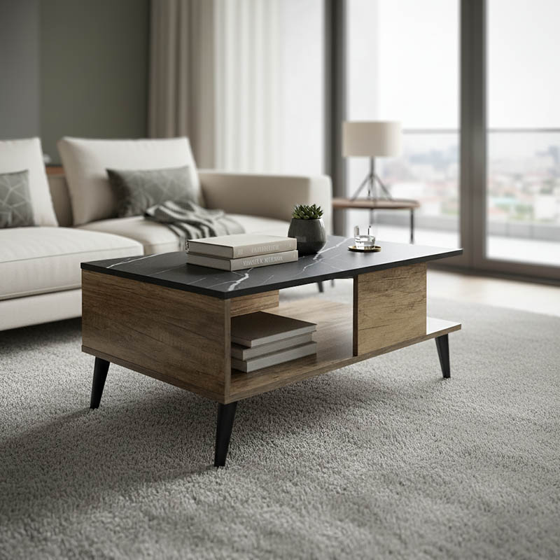 Τραπέζι σαλονιού Moses pakoworld χρώμα μαύρο μαρμάρου-καρυδί 90x54x37.5εκ 1