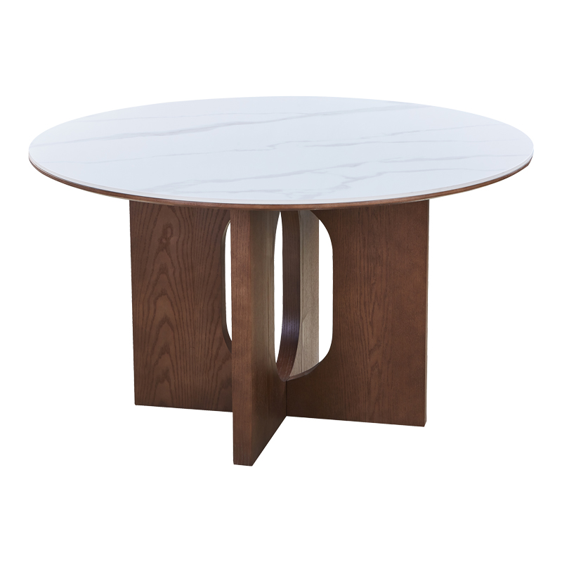 Τραπέζι Merge pakoworld sintered stone-mdf σε λευκό μαρμάρου με καρυδί βάση Φ130x75εκ 1