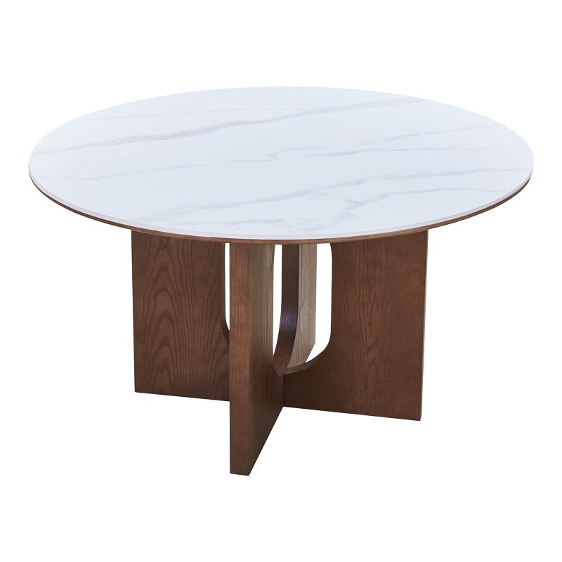 Τραπέζι Merge pakoworld sintered stone-mdf σε λευκό μαρμάρου με καρυδί βάση Φ130x75εκ 2