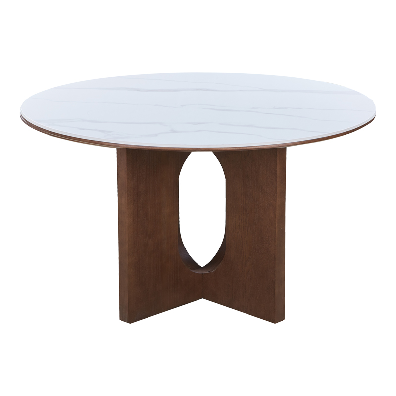 Τραπέζι Merge pakoworld sintered stone-mdf σε λευκό μαρμάρου με καρυδί βάση Φ130x75εκ 3