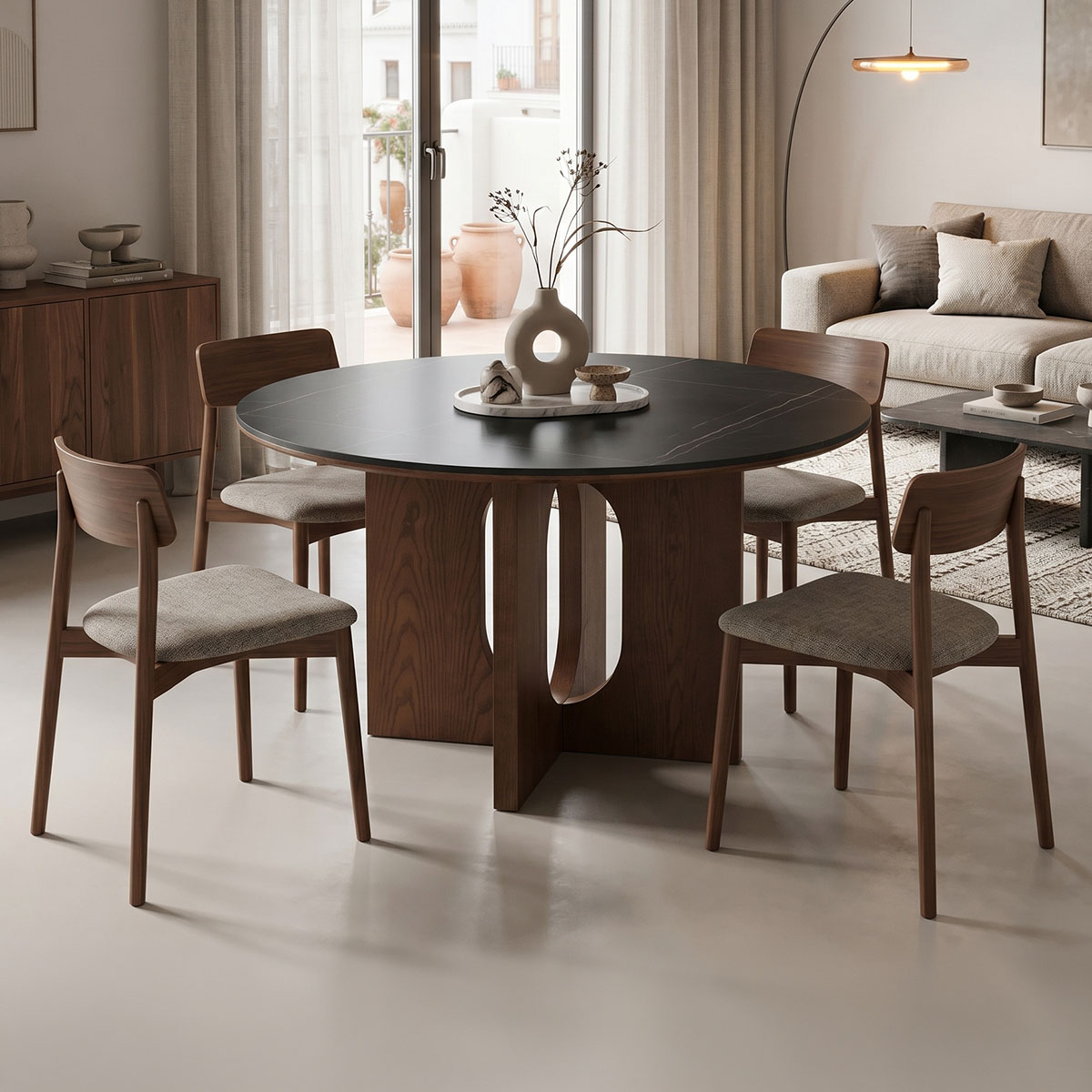 Τραπέζι Merge pakoworld sintered stone-mdf σε μαύρο μαρμάρου με καρυδί βάση Φ130x75εκ 1
