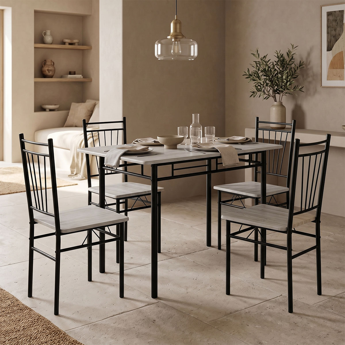 Τραπεζαρία Roza pakoworld σετ 5τμχ mdf sonoma με μεταλλικό μαύρο πόδι 120x65x75εκ 1