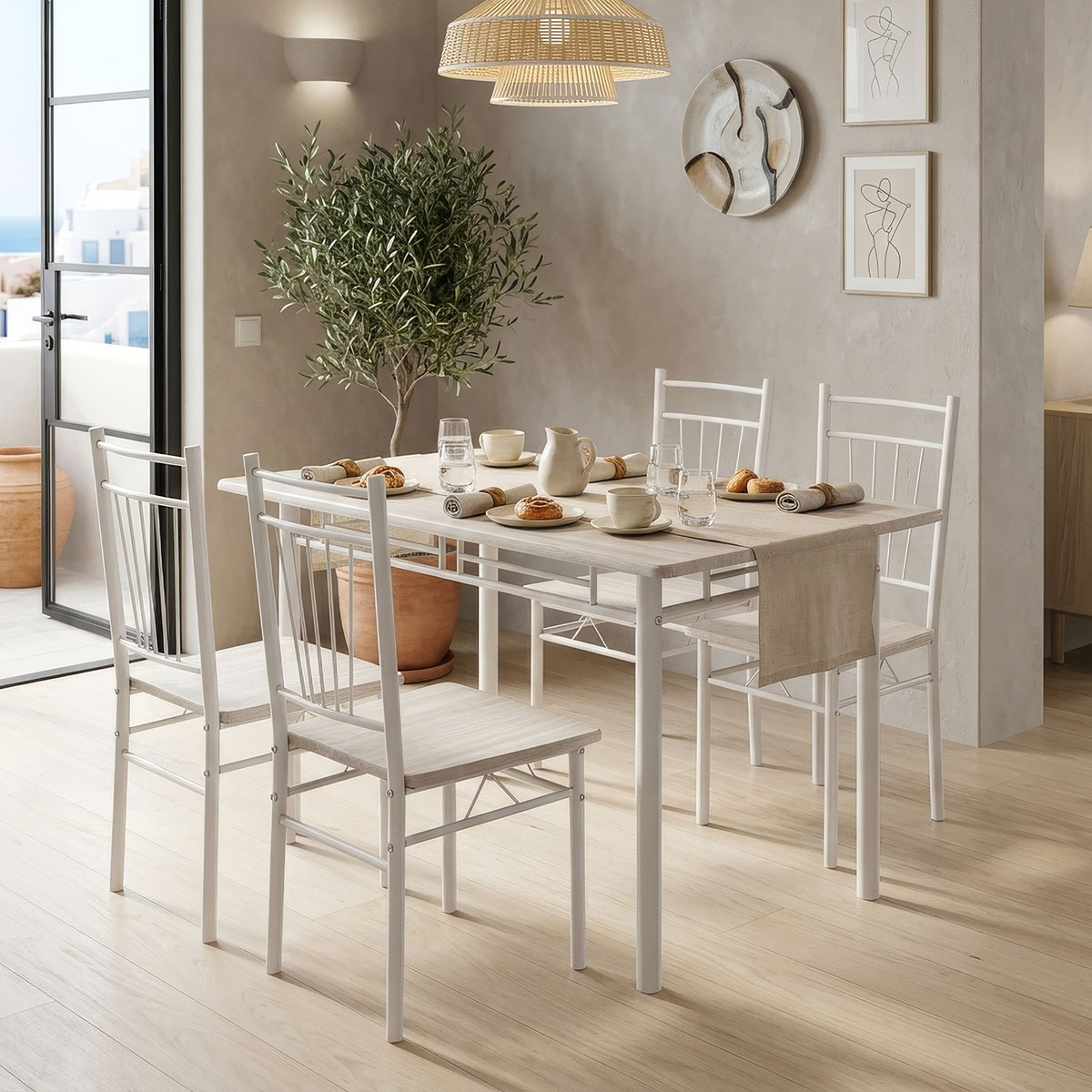 Τραπεζαρία Roza pakoworld σετ 5τμχ mdf sonoma με μεταλλικό λευκό πόδι 110x60x75εκ 1