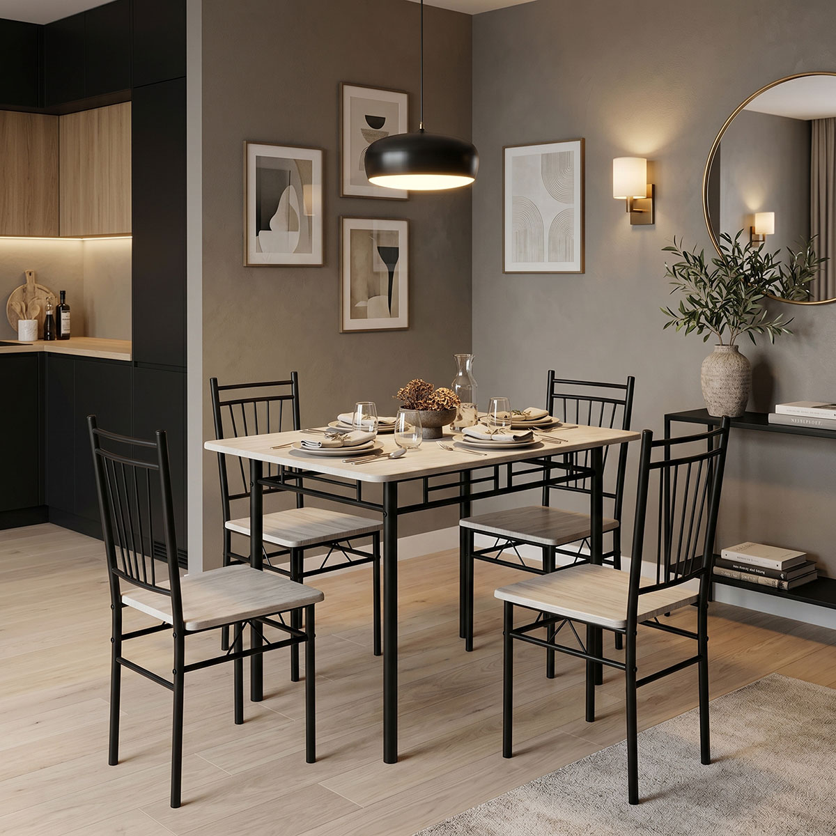 Τραπεζαρία Roza pakoworld σετ 5τμχ mdf sonoma με μεταλλικό μαύρο πόδι 110x60x75εκ 1