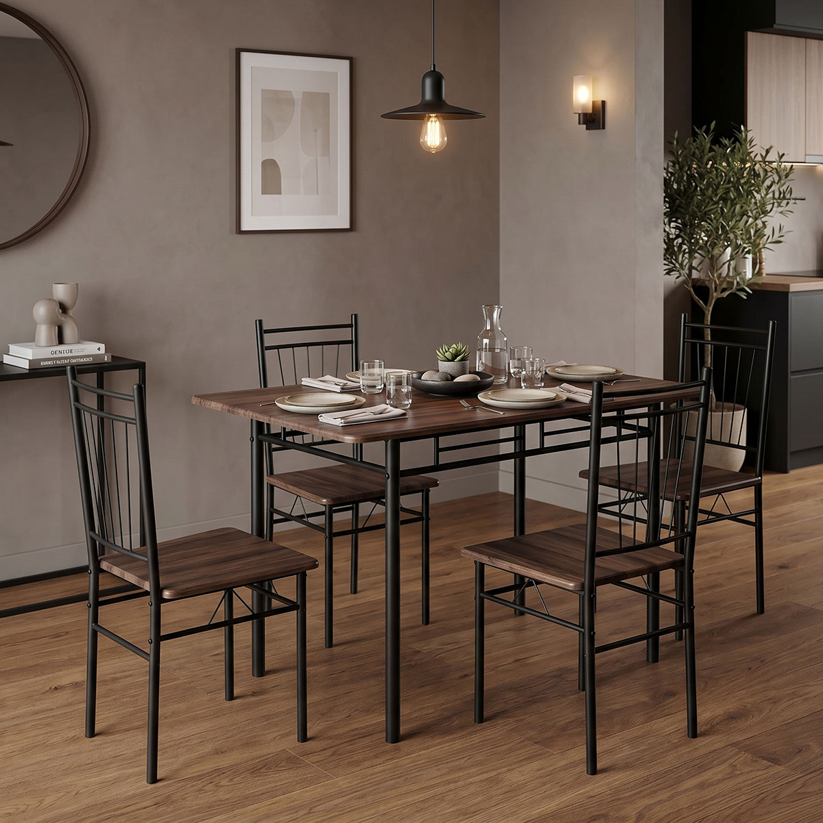 Τραπεζαρία Roza pakoworld σετ 5τμχ mdf καρυδί με μεταλλικό μαύρο πόδι 110x60x75εκ 1