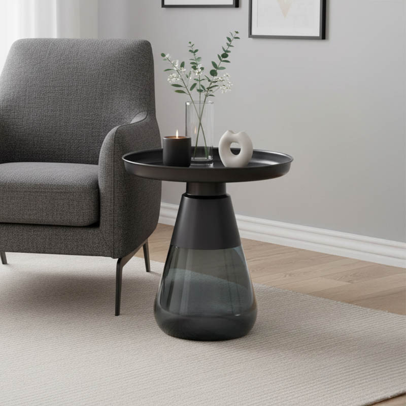 Βοηθητικό τραπέζι Kunlo Inart μαύρο μέταλλο-μαύρο γυαλί Φ50x53.5εκ 1