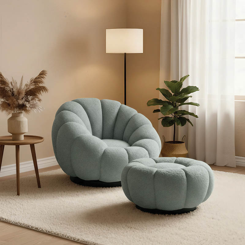 Πολυθρόνα περιστρεφόμενη με σκαμπό Nester pakoworld μπουκλέ ύφασμα σε φυστικί απόχρωση 98x97x69εκ 2