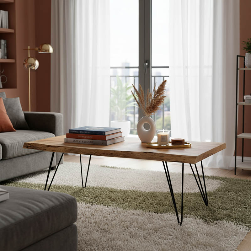 Τραπέζι σαλονιού Rich pakoworld μασίφ ξύλο 4εκ φυσικό-πόδι μαύρο 130x69x46εκ 1