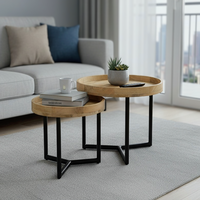 Τραπέζι σαλονιού Kelly σετ 2τεμ pakoworld μασίφ ξύλο φυσικό-μαύρο 1