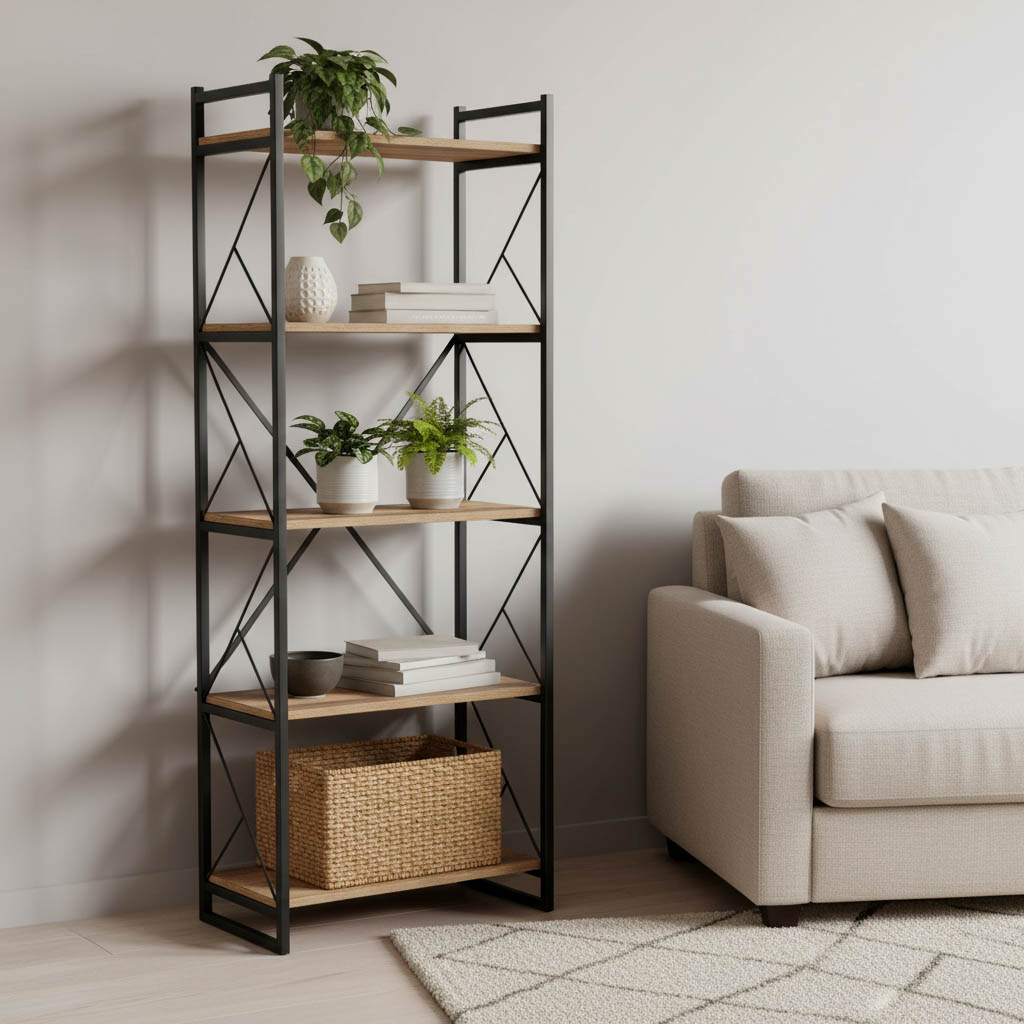 Βιβλιοθήκη Baker pakoworld καρυδί-μαύρο 66x34x180εκ 1