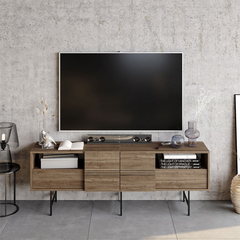 Έπιπλο τηλεόρασης Kevan pakoworld καρυδί-μαύρο πόδι 180x35x65εκ 2