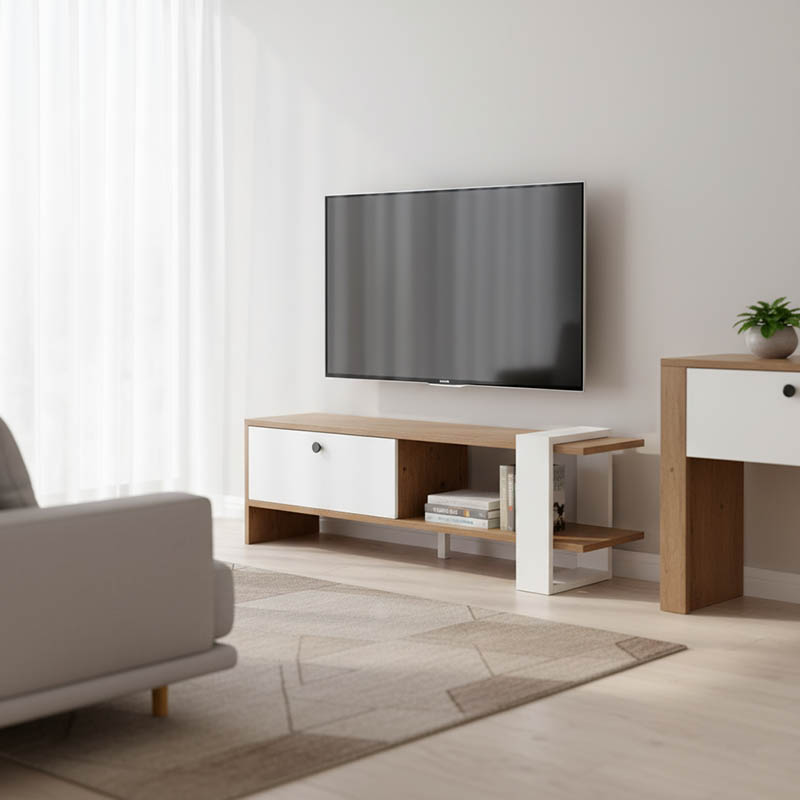 Έπιπλο τηλεόρασης Salon pakoworld χρώμα καρυδί-λευκό 120x25x37εκ 1