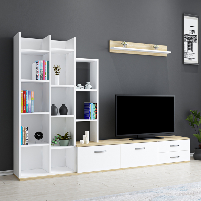 Σύνθετο σαλονιού Leman pakoworld σε λευκή-oak απόχρωση 240x35x154εκ 2