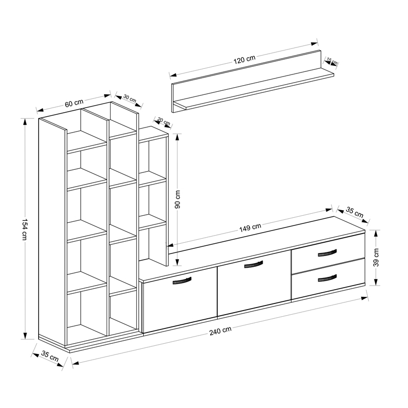 Σύνθετο σαλονιού Leman pakoworld σε λευκή-oak απόχρωση 240x35x154εκ 5
