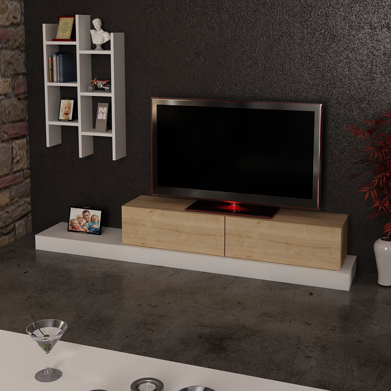 Έπιπλο τηλεόρασης Rumba pakoworld σε λευκή-oak απόχρωση 180x30x31εκ 2