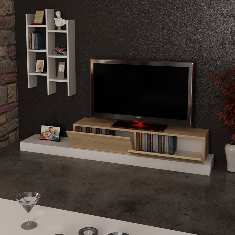 Έπιπλο τηλεόρασης Rumba pakoworld σε λευκή-oak απόχρωση 180x30x31εκ 3